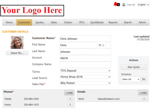 The Dealer Ordering System customer details screen, with a &ldquo;Your Logo Here&rdquo; placeholder in place of the dealer&rsquo;s own branding